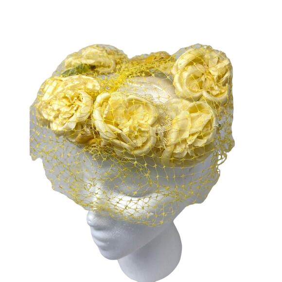Yellow Silk Floral Hat Veiled Half Hat Fascinator Derby Vintage 50s 60s‎ - Picture 3 of 5